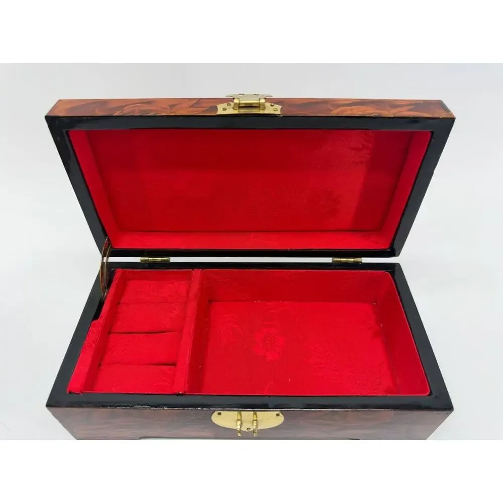 Chinese Carved Wood Jewelry Box Duck Lotus Red Silk Lined Brass Latch